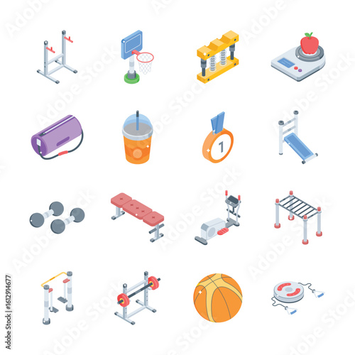 Check this amazing collection of fitness and physical training isometric icons