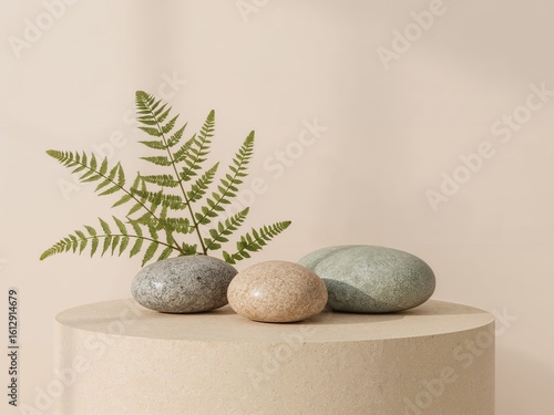 Stone Textures and Greenery: Minimalist Plant Decor with Fer ns and Rocks for Modern Zen Interior Design and Tranquil Spa Inspired Living Spaces