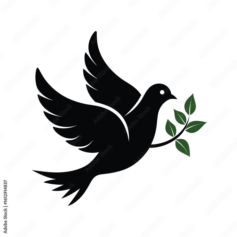 Fototapeta premium Elegant silhouette of a dove holding an olive branch in its beak on a white background