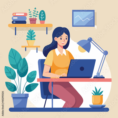 Businessman and businesswomen are working at their desks with laptops and computers in an office setting