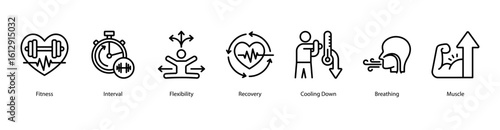 Training recovery web banner icon vector illustration featuring fitness interval, flexibility, post-workout recovery, cooling down, breathing techniques, muscle growth, and deadlift movement.