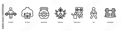 Strength and fitness web banner icon vector illustration with six pack training, kettlebell workout, wellness habits, daily motivation, fat reduction, dumbbell lifting, and building strength.