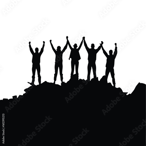 Victorious Mountaineers Silhouette Against White Sky A Symbol of Teamwork, Achievement and Overcoming Challenges in Nature's Majestic Landscape