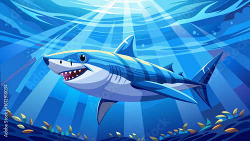 Great white shark with its main four fings swimming under sun rays in the blue Pacific Ocean at Guadalupe Island in Mexico
