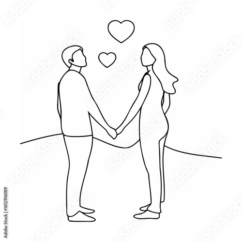 Couple holding hands with hearts above love romance