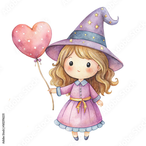 Rag doll cute little witch Holding a heart balloon Watercolor white background 