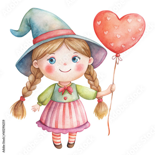 Rag doll cute little witch Holding a heart balloon Watercolor white background 