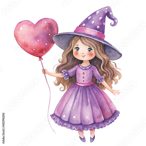 Rag doll cute little witch Holding a heart balloon Watercolor white background 