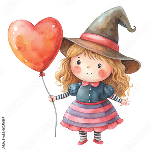 Rag doll cute little witch Holding a heart balloon Watercolor white background 