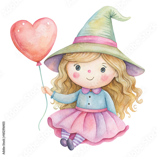 Rag doll cute little witch Holding a heart balloon Watercolor white background 