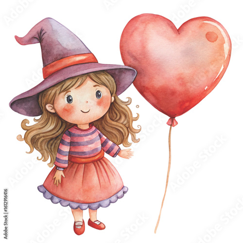 Rag doll cute little witch Holding a heart balloon Watercolor white background 