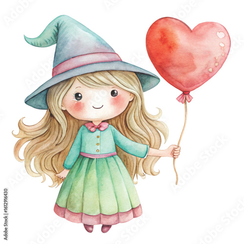 Rag doll cute little witch Holding a heart balloon Watercolor white background 