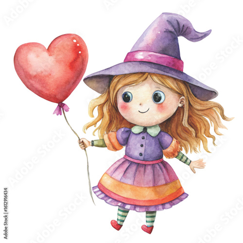 Rag doll cute little witch Holding a heart balloon Watercolor white background 