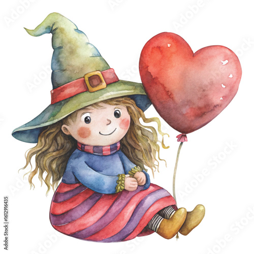Rag doll cute little witch Holding a heart balloon Watercolor white background 