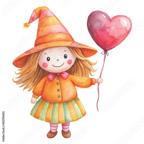 Rag doll cute little witch Holding a heart balloon Watercolor white background 