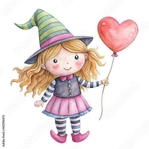 Rag doll cute little witch Holding a heart balloon Watercolor white background 