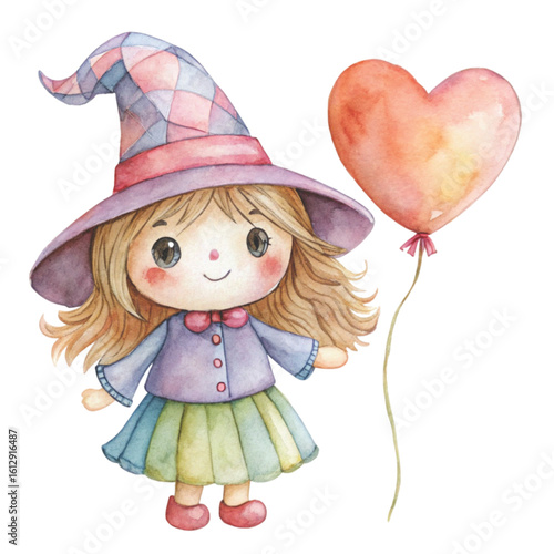 Rag doll cute little witch Holding a heart balloon Watercolor white background 