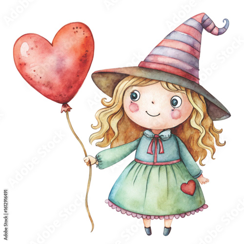 Rag doll cute little witch Holding a heart balloon Watercolor white background 