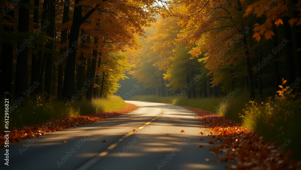 Obraz premium Winding country road with first golden leaves on the ground, soft evening light.