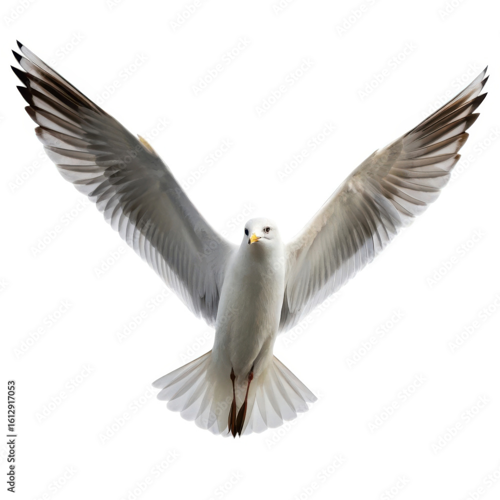 Fototapeta premium Seagull in flight with wings spread isolated on transparent background