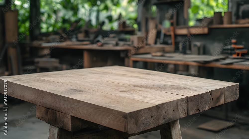 Fototapeta premium Unfinished wooden table with textured planks and natural grain set against a blurry workshop environment