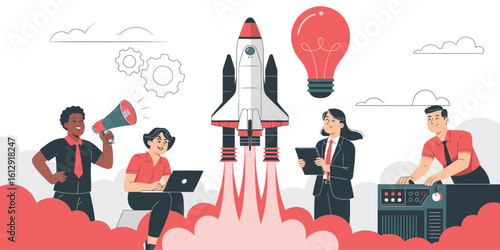 Minimal icon of professional team executing rocket launch, symbolizing innovation, startup momentum, and collaborative tech development.