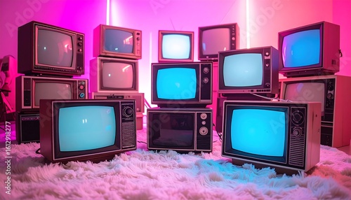 Wallpaper Mural Retro TVs in vibrant neon light Torontodigital.ca