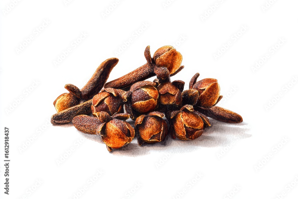 Obraz premium Clove Watercolor. Hand Drawn Illustration of Aromatic Brown Spice Dried Clove Heap