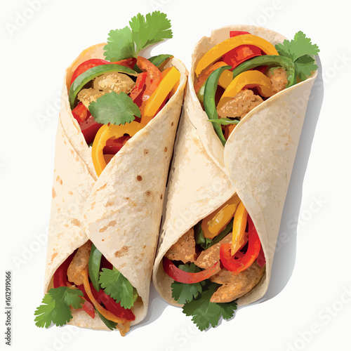 Two delicious looking fajitas are filled with chicken, peppers, and cilantro on white
