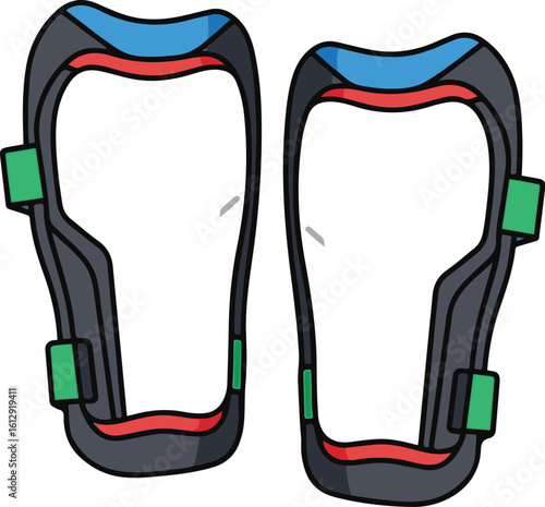 A stylized pair of shin guards, likely for sports like soccer or hockey, featuring a black, blue, red, and green design