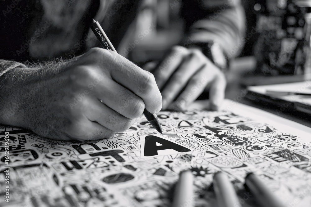 Obraz premium Close-up black and white drawing