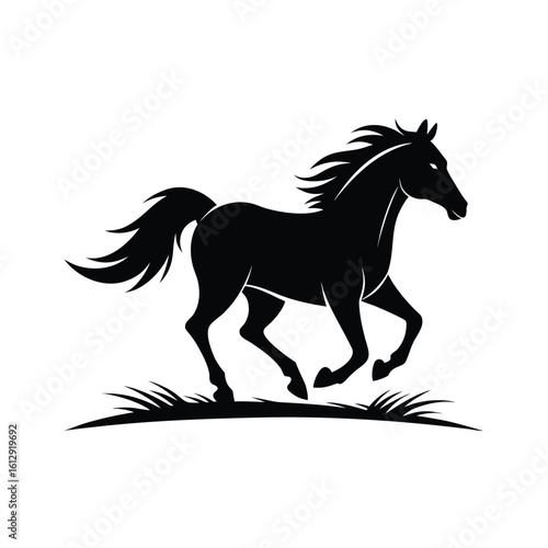 Dynamic silhouette of a horse galloping across an open field in motion