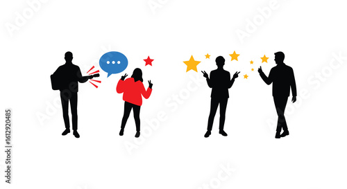 Silhouettes of people with stars speech bubbles and guitars