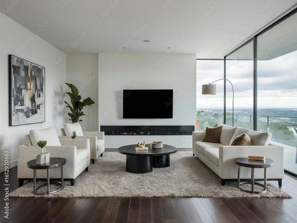 Fototapeta premium Modern living room with large windows and city view