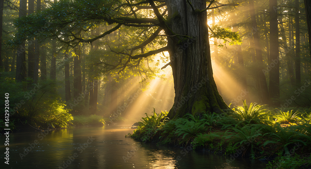 Obraz premium Sunlit Stream Through the Forest