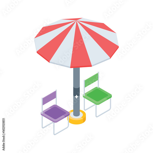 A captivating isometric icon of cozy deskchairs pair with umbrella