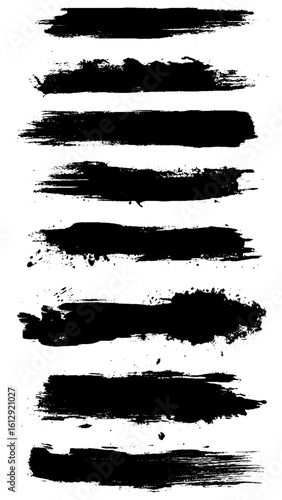 Vector grungy paint brush strokes collection. Calligraphy straight smears, stamp, lines. Hand drawn ink illustration isolated on white background. Vector black paint, ink brush stroke