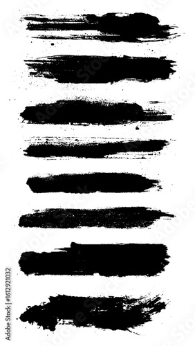 Vector grungy paint brush strokes collection. Calligraphy straight smears, stamp, lines. Hand drawn ink illustration isolated on white background. Vector black paint, ink brush stroke