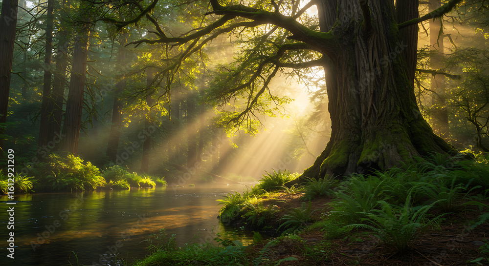 Obraz premium Sunlit Stream Through the Forest