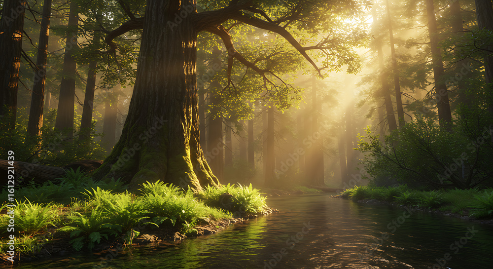 Obraz premium Sunlit Stream Through the Forest