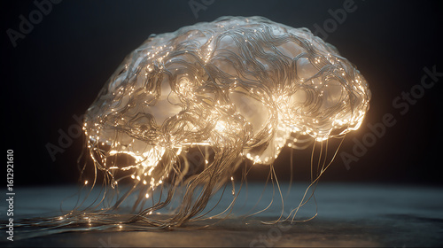 Realistic Brain Floating and Emitting Light in Dark Room