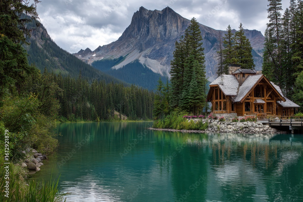 Fototapeta premium Emerald Lake Lodge sits serenely on the shore of turquoise waters surrounded by towering mountains and lush green forests under a dramatic cloudy sky