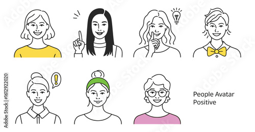 Minimal icon set of expressive avatars, showcasing diverse personalities, positive gestures, and unique styles for identity and profile use.