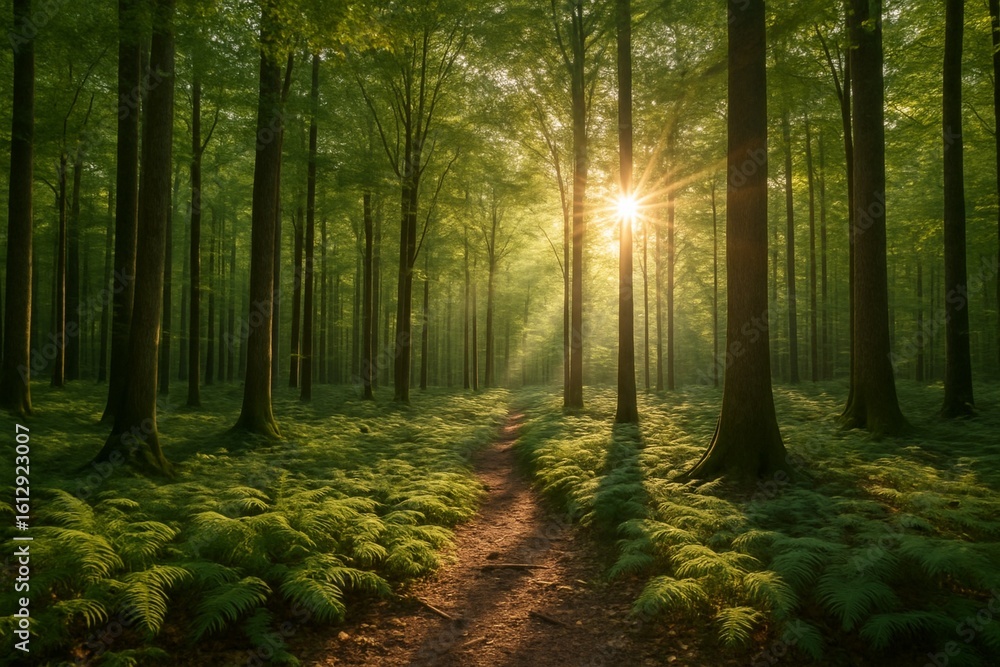 Fototapeta premium Floresta densa com raios de sol e caminho de terra ao amanhecer