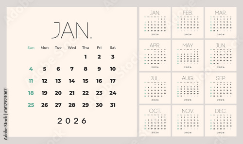 Minimalist style monthly calendar template for 2026 year. English calendar. Week starts on Sunday. Set of 12 months. Simple design with big letters, typographic elements. Square composition