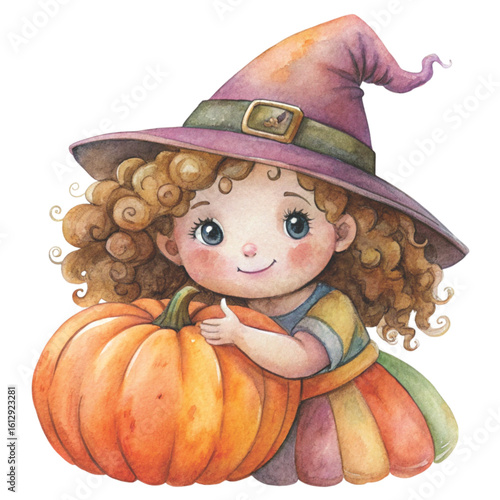 Rag doll Holding a Halloween pumpkin Watercolor white background 