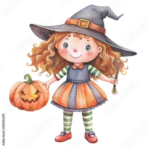 Rag doll Holding a Halloween pumpkin Watercolor white background 