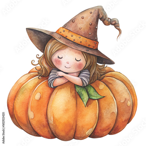 Rag doll Holding a Halloween pumpkin Watercolor white background 