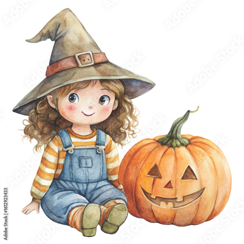 Rag doll Holding a Halloween pumpkin Watercolor white background 