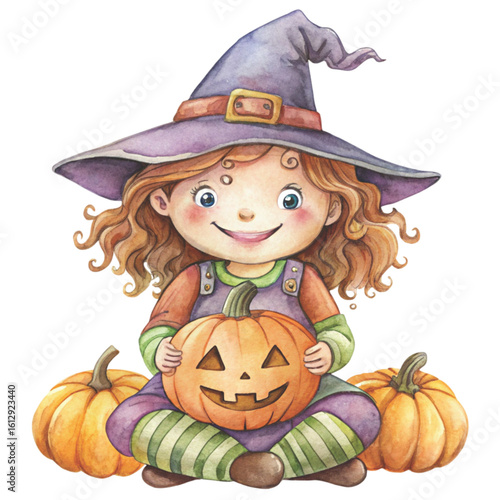 Rag doll Holding a Halloween pumpkin Watercolor white background 